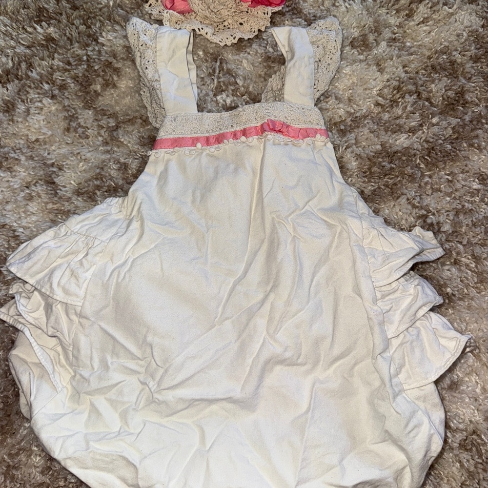 White Baby Girls Ruffle Romper with Pink Trim